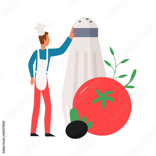 Tiny character in chefs hat and apron standing next to salt shaker and tomato to cook vector illustration