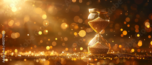 A beautifully illuminated hourglass with sand flowing, surrounded by vibrant, colorful bokeh lights.