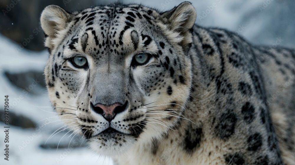 Majestic Snow Leopard in the snowy mountains, background image, stock photo Majestic Snow Leopard in the snowy mountains, background image, stock photo