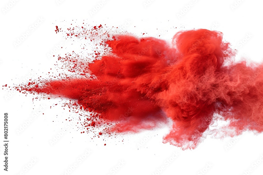 Dynamic explosion of red chalk dust, vividly isolated on white