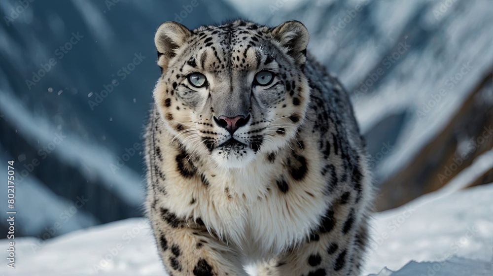 Majestic Snow Leopard in the snowy mountains, background image, stock photo Majestic Snow Leopard in the snowy mountains, background image, stock photo