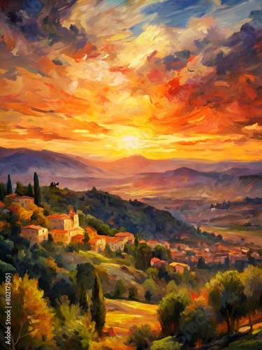 A vibrant oil painting depicting a picturesque Tuscan landscape under a stunning sunset sky