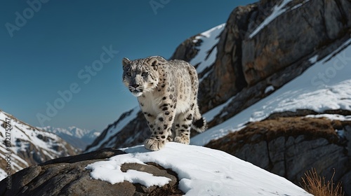 Majestic Snow Leopard in the snowy mountains, background image, stock photo