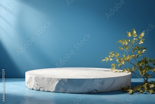 Empty podium or pedestal display on light blue background with stone stand concept. Blank product shelf standing backdrop. 3D rendering. 