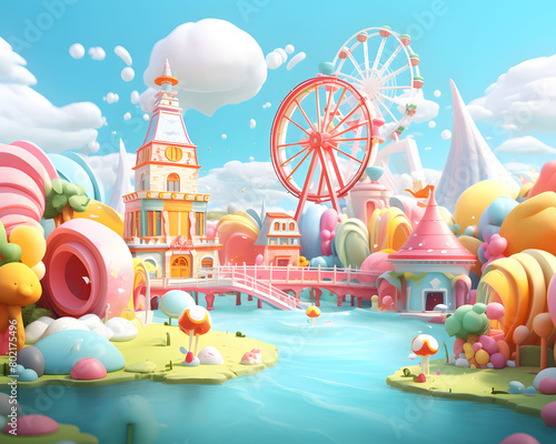 3d cartoonish summer dreamland in pastel color. fantasy world for kids
