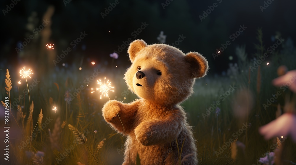 Enchanting Teddy Bear Surrounded by Glowing Fireflies in a Magical Nighttime Setting. Enchanting Teddy Bear Surrounded by Glowing Fireflies in a Magical Nighttime Setting.