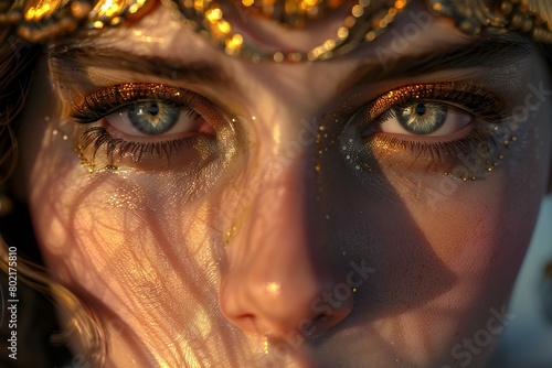 Close-up portrait of a beautiful woman with gold make-up
