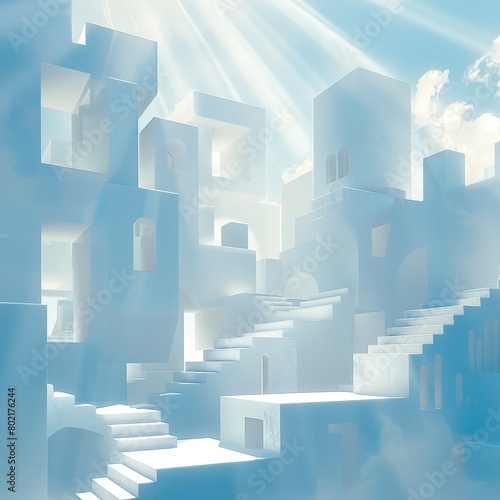 An illustration of a bright  white city in the sky with stairs leading up to it.