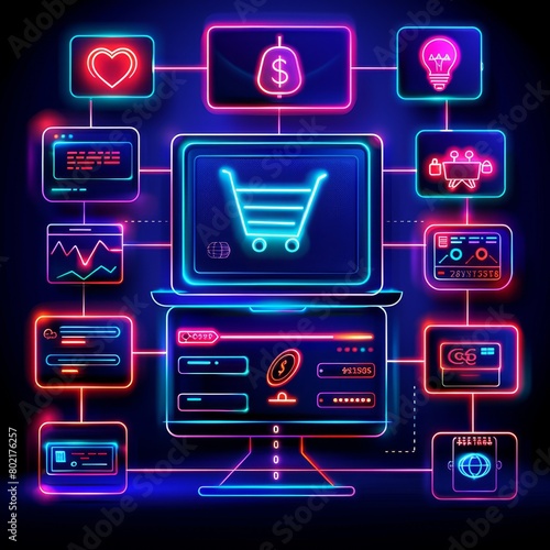 An illustration of a computer with a shopping cart icon in the center. The computer is connected to various other icons, representing different aspects of e-commerce. The icons are arranged in a circl