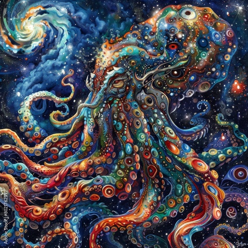An octopus with the colors of the universe and stars in its tentacles.