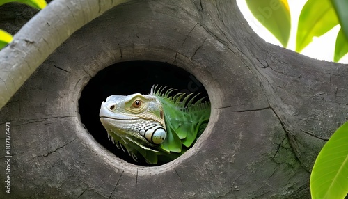 An Iguana Hiding In A Tree Hollow  2