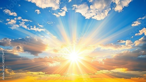 Bright sun rays shining through fluffy clouds