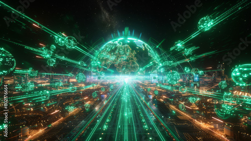 A futuristic cityscape with a green planet in the center