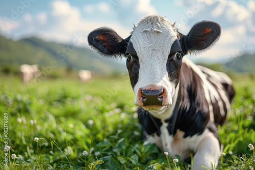  Cute black and white cow in the green grass meadow on the farm  sunny day. Animal portrait. Created with Ai