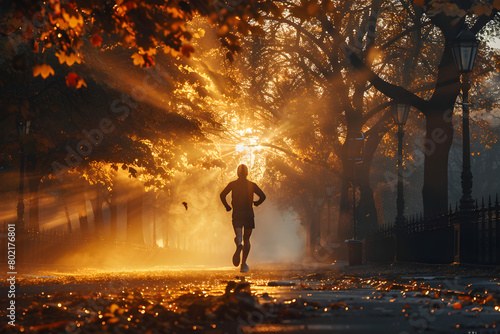 A picture of a sunrise morning jogging on the street with an athlete and trees in the background