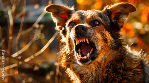 Aggressive dog shows dangerous teeth. Mad dog attack. photo