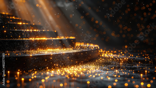 golden particles on the stairs, cinema4d render, high resolution, dramatic lighting, dark background. Created with Ai photo