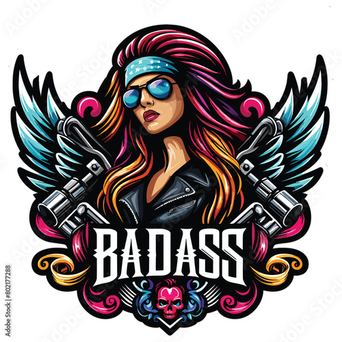 Badass colorful biker girl logo vector illustration