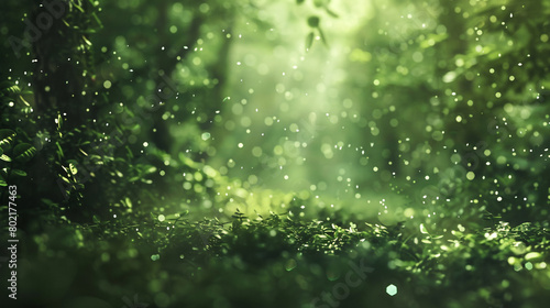 Forest green particles meander through a gently blurred scene  evoking the tranquility of a lush woodland.