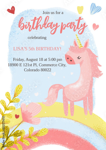 Invitation card for a girl's children's birthday party with a pink unicorn standing on a yellow multicolored rainbow with green leaves and hearts in cartoon style. Blue Baby shower background in paste