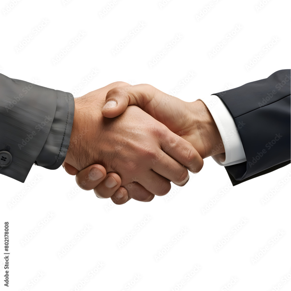 A handshake between two businessmen wearing suits isolated on a transparent background A handshake between two businessmen wearing suits isolated on a transparent background