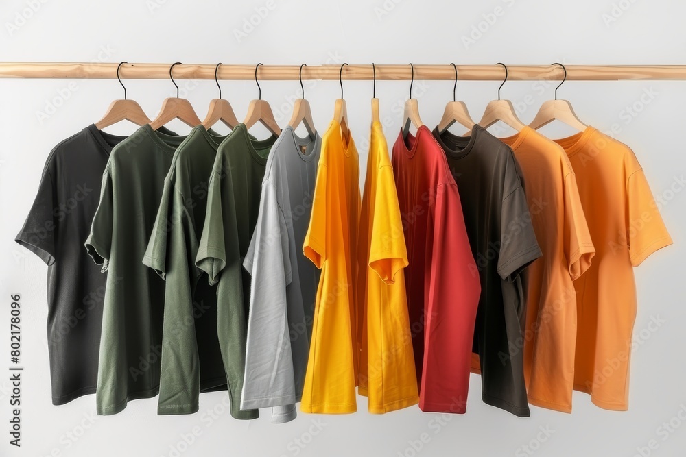 Photo of t-shirts hanging on wooden hangers in front of a white wall, showcasing the variety and color range for different styles of . The shirt is flat with no wrinkles or creases Photo of t-shirts hanging on wooden hangers in front of a white wall, showcasing the variety and color range for different styles of . The shirt is flat with no wrinkles or creases
