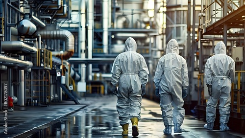 Workers in protective suits at a chemical plant . Concept Chemical Plant, Protective Suits, Workers, Safety Measures, Industry Environment photo