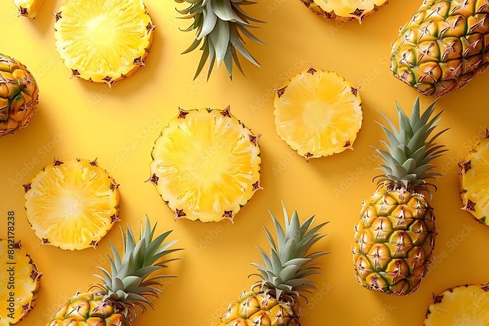 Vibrant Pineapple Slices Forming Captivating Pattern on Sunny Yellow Background in Cinematic 3D Render Style Vibrant Pineapple Slices Forming Captivating Pattern on Sunny Yellow Background in Cinematic 3D Render Style