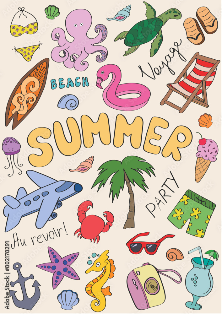 Naklejka premium Summer doodle set