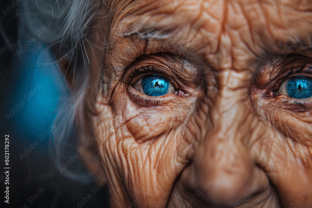An elderly woman with striking blue eyes shares stories of her youth - her eyes reflecting the wisdom and experiences of a lifetime An elderly woman with striking blue eyes shares stories of her youth - her eyes reflecting the wisdom and experiences of a lifetime