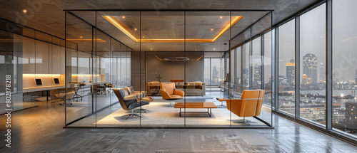Glass partitioned modern office setting focusing on contemporary workplace design. photo