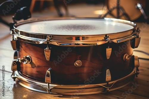 A snare drum with its characteristic crisp sound, often used in orchestras, bands, and percussion ensembles photo