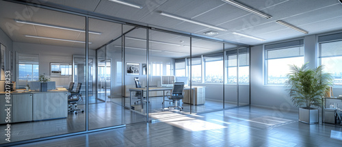 Innovative workspace with glass partitions for efficiency and collaboration in a contemporary business setting.