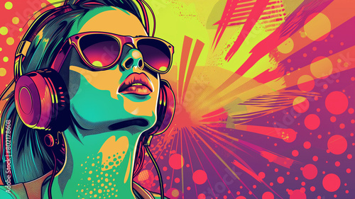 Pop art woman listening to music with headphones. Colorful background in pop art retro comic style. Summer concept pop art