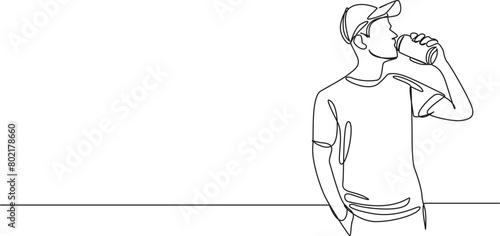 continuous single line drawing of man drinking from soda can, line art vector illustration