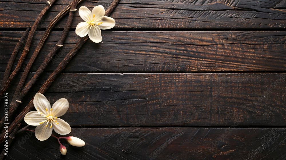 Beautiful vanilla flower and sticks on dark wooden background