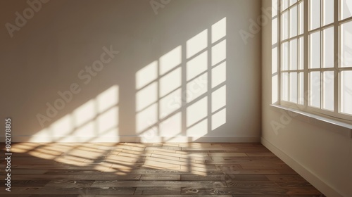 Empty room with minimalist design  sunlight streaming through a window casting intricate shadows