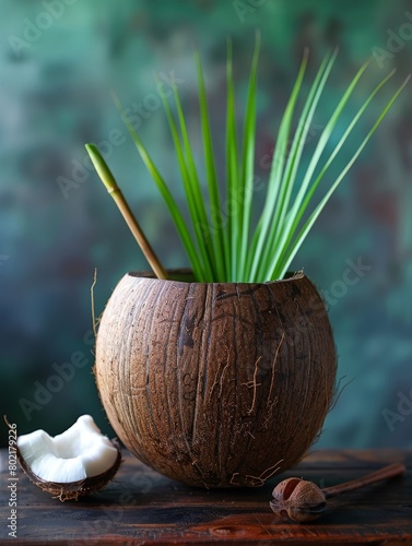Fresh coconut water served in a minimalist coconut shell. photo
