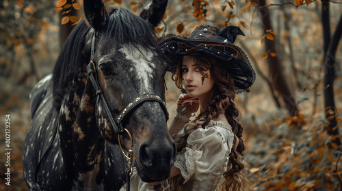 Beautiful woman dressed for Halloween with horse 