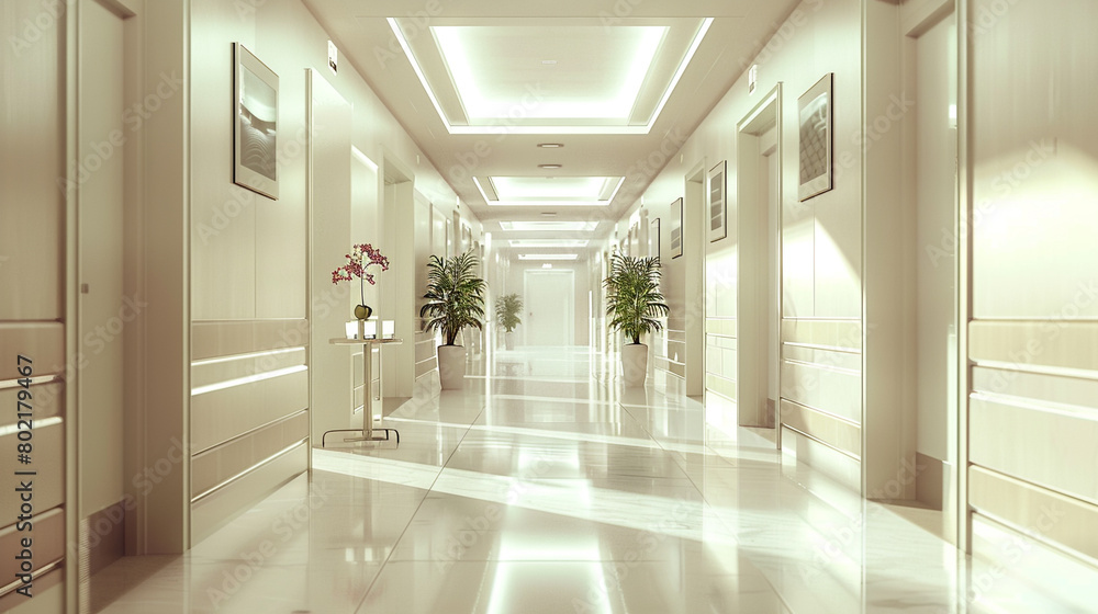 hospital corridor lined with closed doors leading to patient rooms, with bright lighting and clefloors, symbolizing the dedicated and professional environment of medical professionals hospital corridor lined with closed doors leading to patient rooms, with bright lighting and clefloors, symbolizing the dedicated and professional environment of medical professionals