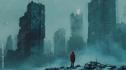 A solitary figure in a red coat stands amidst the ruins, gazing upon the ominous and fog-shrouded ruins of a once bustling city. photo