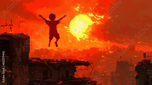 A figure takes a daring jump across a gaping chasm in a devastated cityscape under a dramatic orange sunset. photo