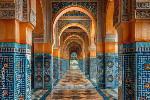 A long corridor in the Grand Village of Al Hancar was covered with blue and green Islamic geometric patterns on ceramic tiles. Created with Ai photo