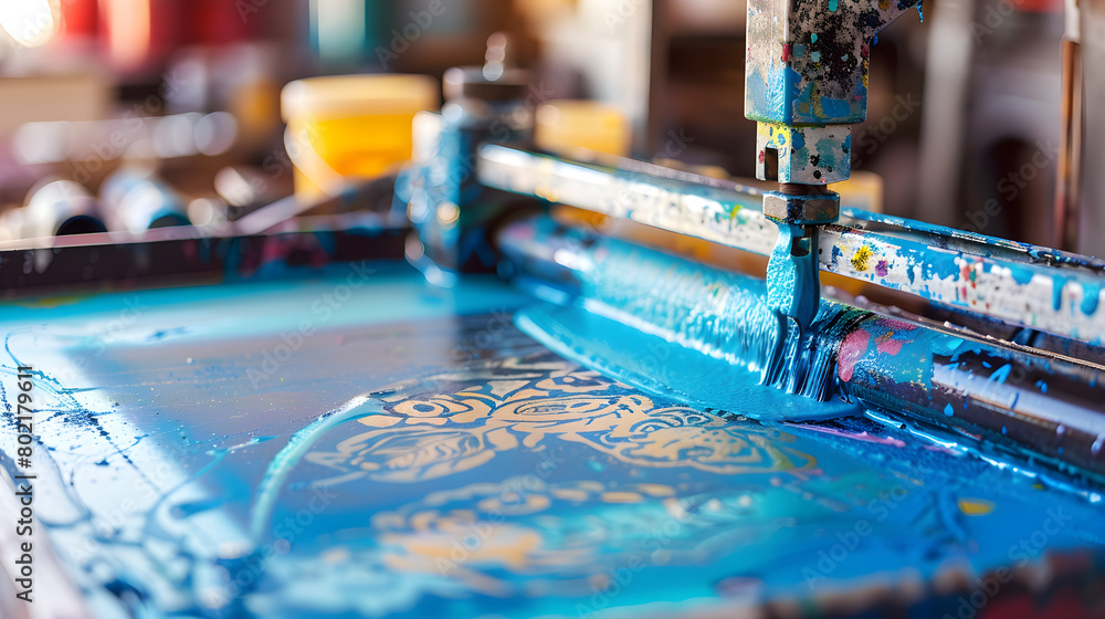 Close-up View of Screen Printing Process with Vibrant Blue Ink