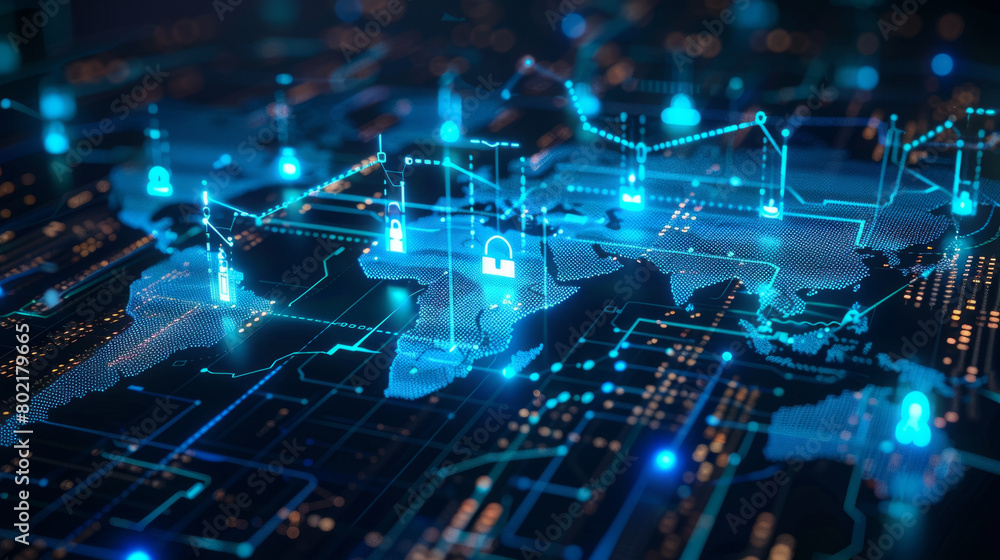 Exploring global security measures through digital locks on world map ...
