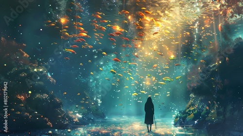 A lone figure stands mesmerized by a surreal underwater landscape illuminated by ethereal light and teeming with fish. photo