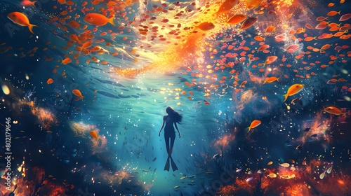 A diver explores an enchanting underwater scene, surrounded by a swarm of vibrant, colorful fish and underwater flora.