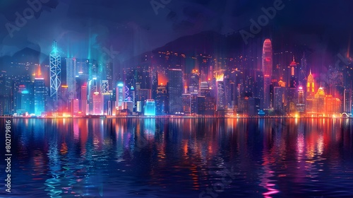 A neon-lit futuristic cityscape reflects vividly in the calm waters, showcasing a vibrant mix of technology and urban architecture at night.