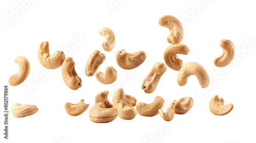 Falling cashew nuts isolated on a transparent background