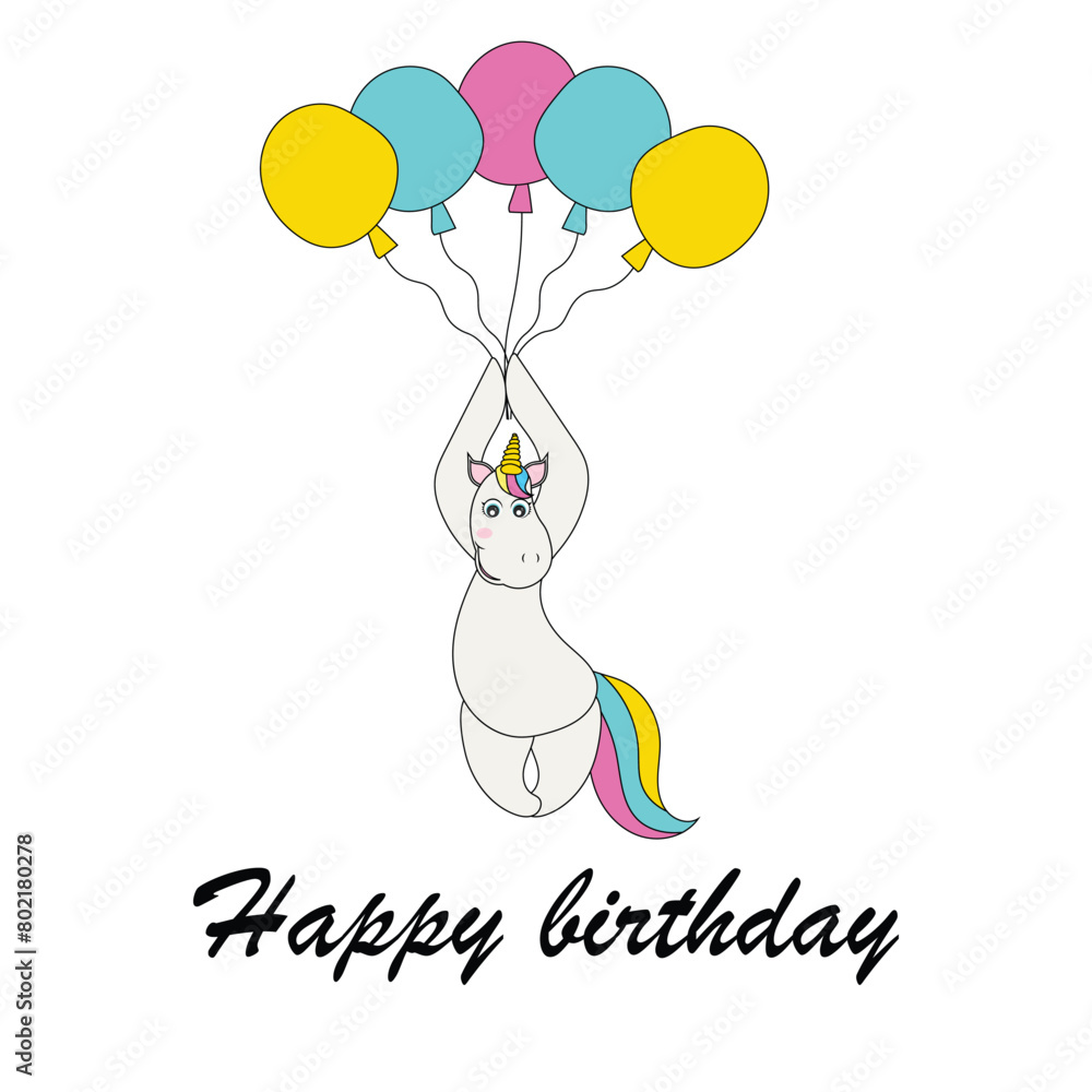 Birthday card with cute unicorn. colourful design. vector illustration